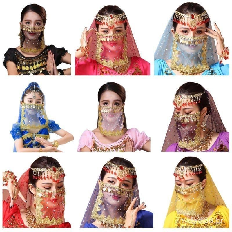 Véu de Dança do Ventre Feminino VEI com Moedas Tribais para Fantasia de Halloween e Cosplay