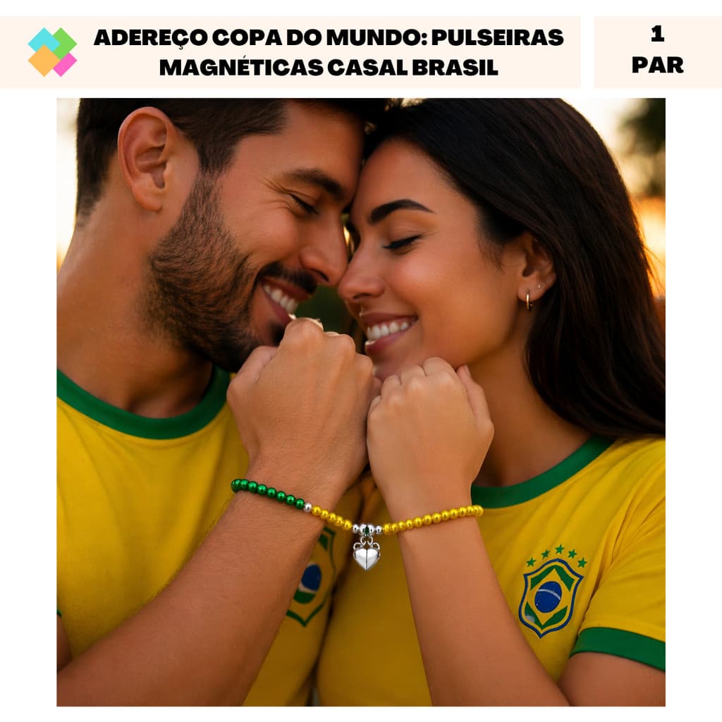 Adereço Copa Do Mundo: Pulseiras Magnéticas Brasil Para Casal Ajustável (1 Par)