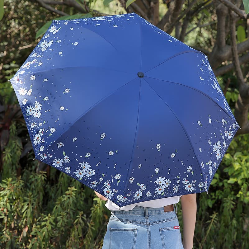 Guarda-Sol Feminino Anti-UV Pequeno Fresco 3 Dobras Chuva Duplo Uso Preto
