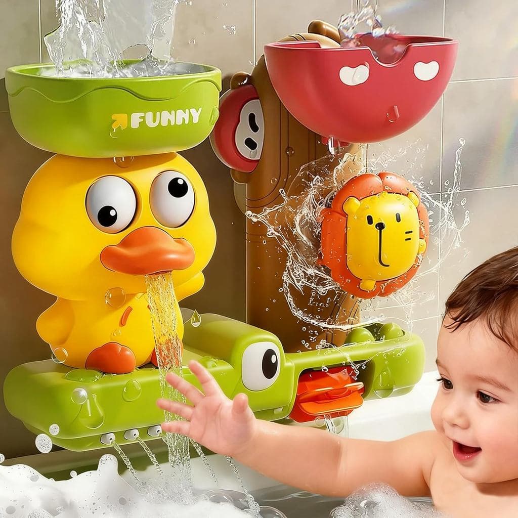 Bath Toys for Toddlers 1-3 with 3 Strong Suction Cups, Interactive Squirting Duck & Spinning Lion Water Toys for Bathtub