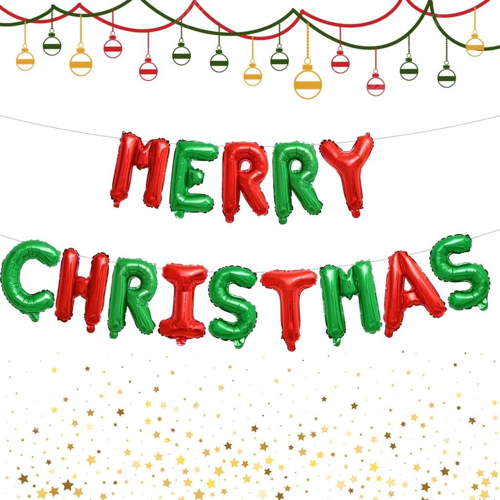 Balões de Natal com Faixa Decorativa de 16 Polegadas, Balões de Letras em Papel Metalizado Vermelho e Verde para Decoraç