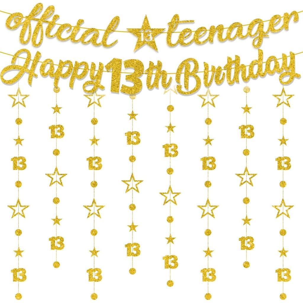 Decorações de Aniversário de 13 Anos para Meninos e Meninas - 10 Peças de Faixa Oficial Dourada com Glitter para Adolesc
