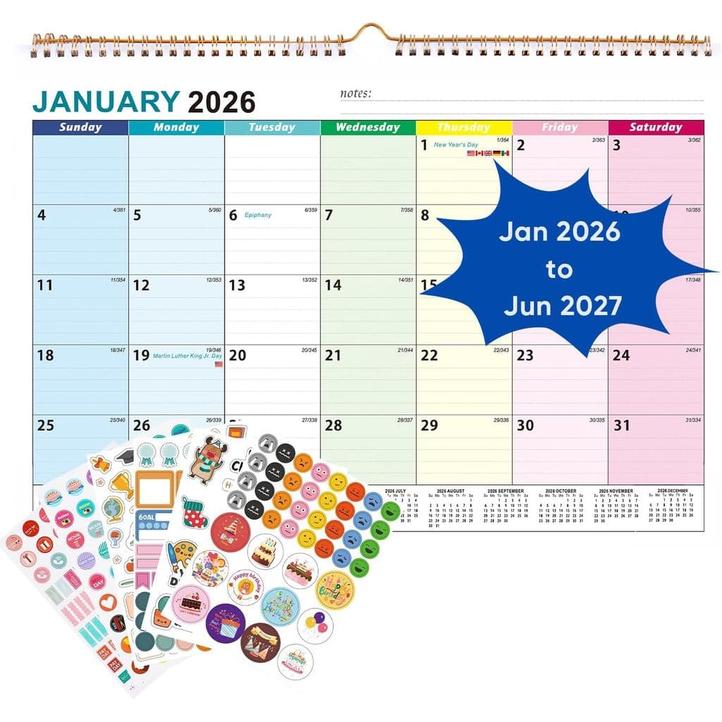 Calendário de Mesa 2026-2027, 18 Calendários de Parede Grandes Mensais com Adesivos de Janeiro de 2026 a Junho de 2027,