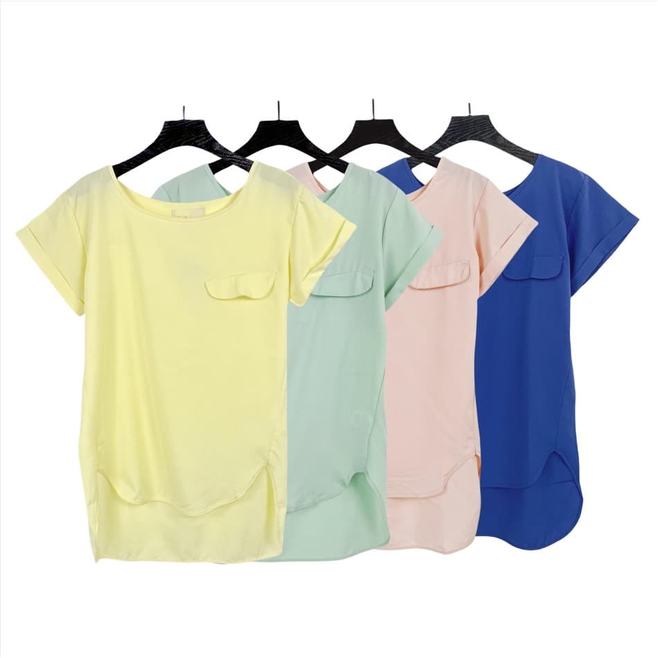 B6057 verão novo estilo feminino em torno do pescoço cor sólida Chiffon camisa 2024 novo estilo frente curto volta longo