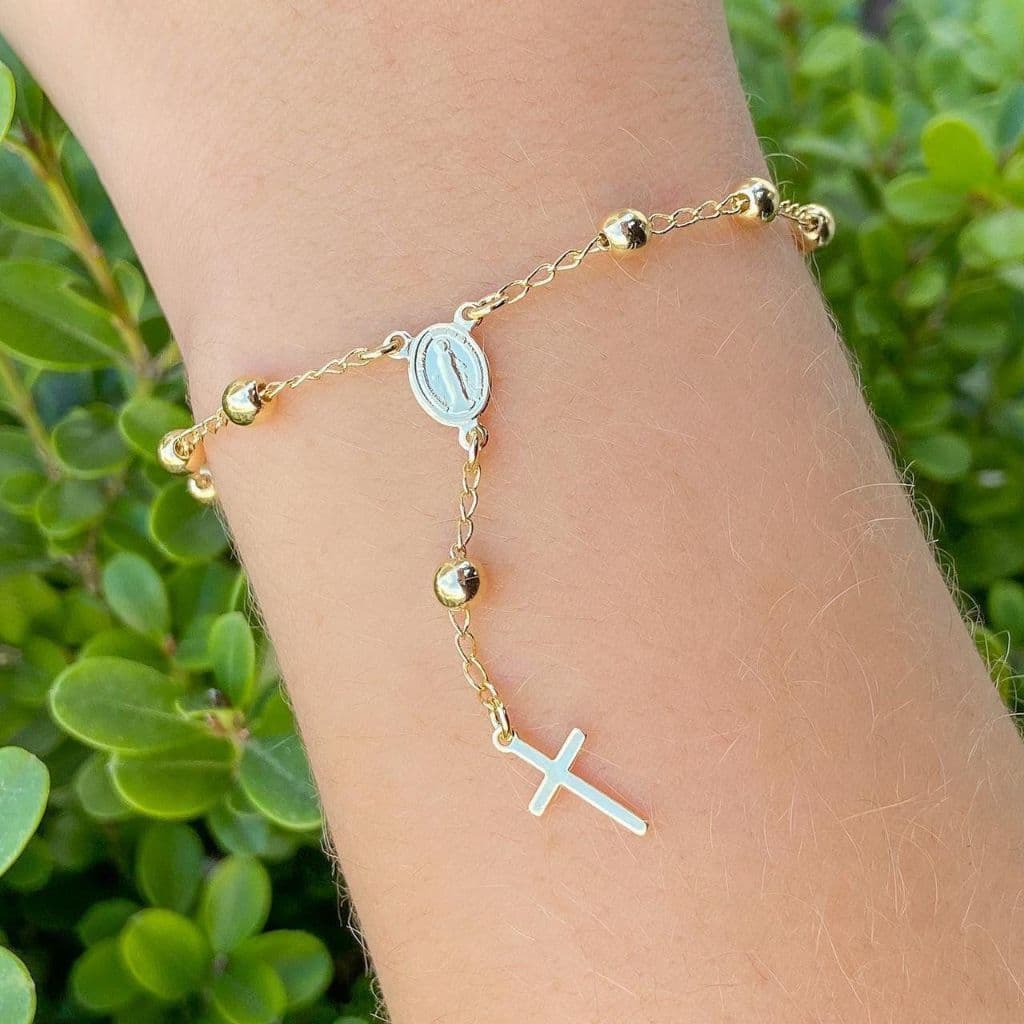 Pulseira Terço Nossa Senhora Semi Joia Delicada Banhada Ouro 18k A Prata 925