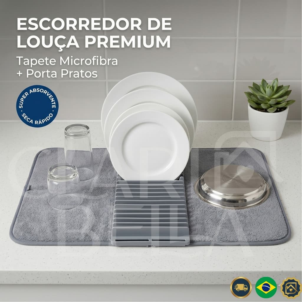 Tapete Escorredor De Louça Microfibra Absorvente Com Suporte Pratos Impermeável Dobrável