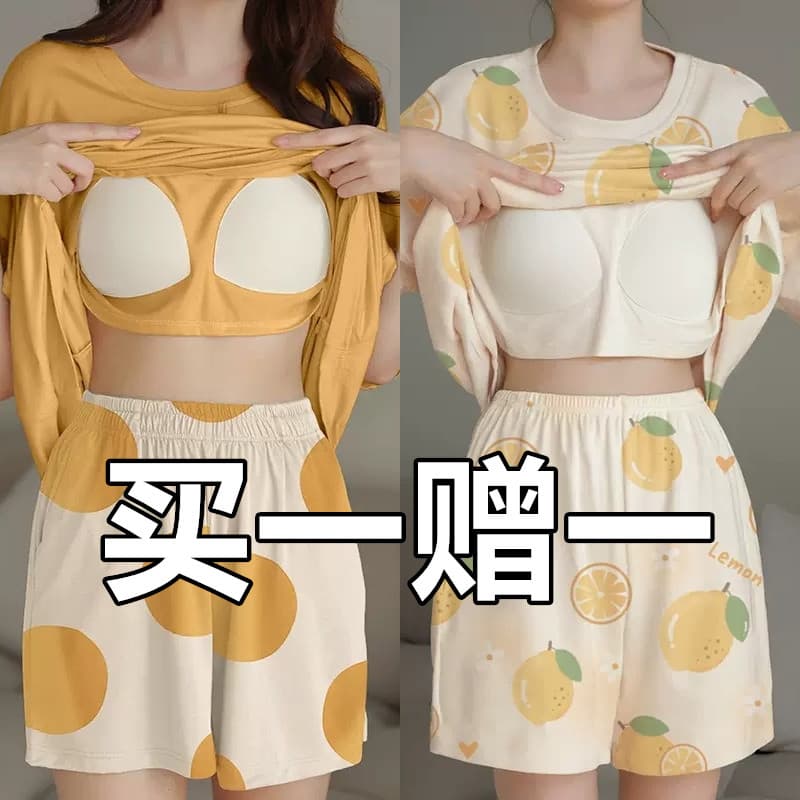 Pijamas femininos verão algodão puro 100% manga curta com almofadas no peito feminino tamanho grande solto pode usar for