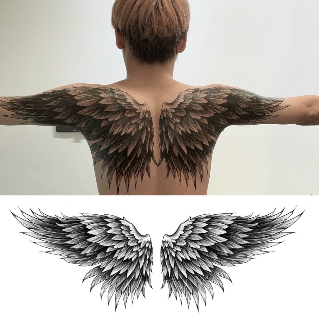 Tatuagem de asa duradoura nas costas, resistente ao desgaste, simulada, à prova d'água, dura de 3 a 7 dias.