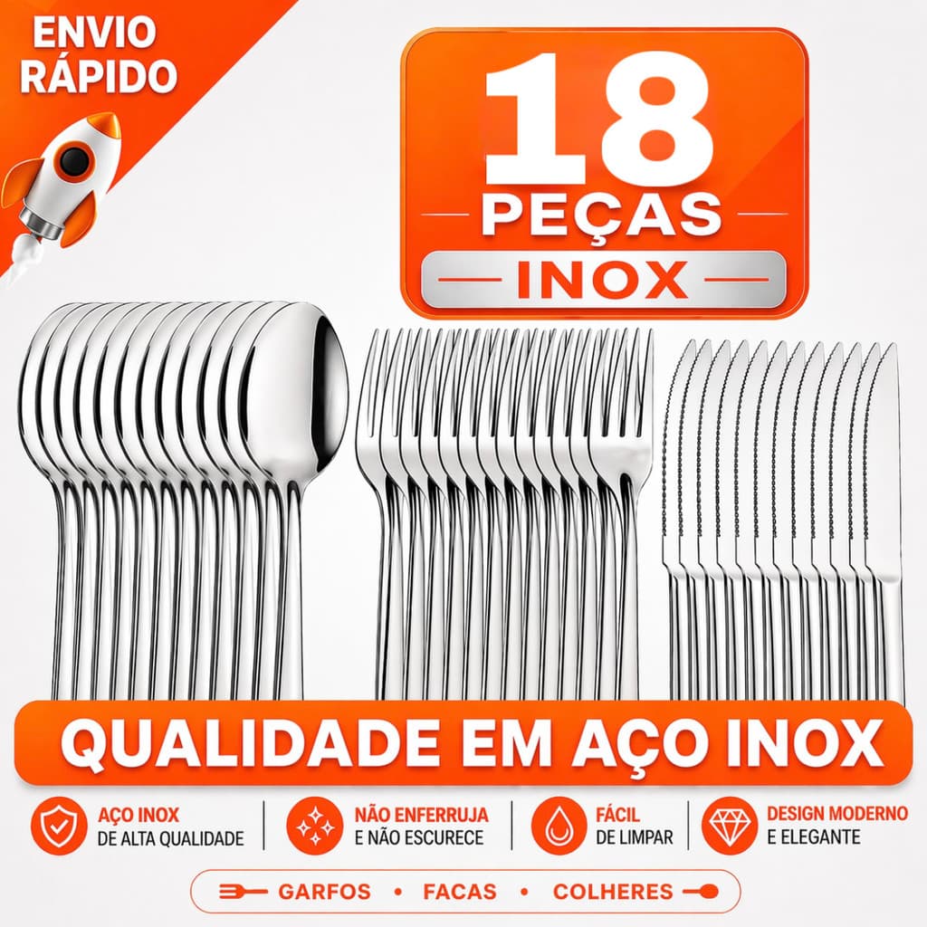 Jogo de Talheres 18 Peças Aço Inox 100% Garfo Faca e Colher de Mesa Resistente em Aço Inox
