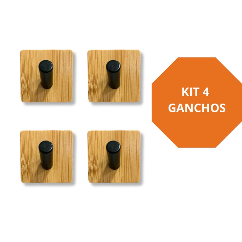 Cabideiro de Parede Madeira Bambu e Inox - Kit 4 Unidades Decorativo