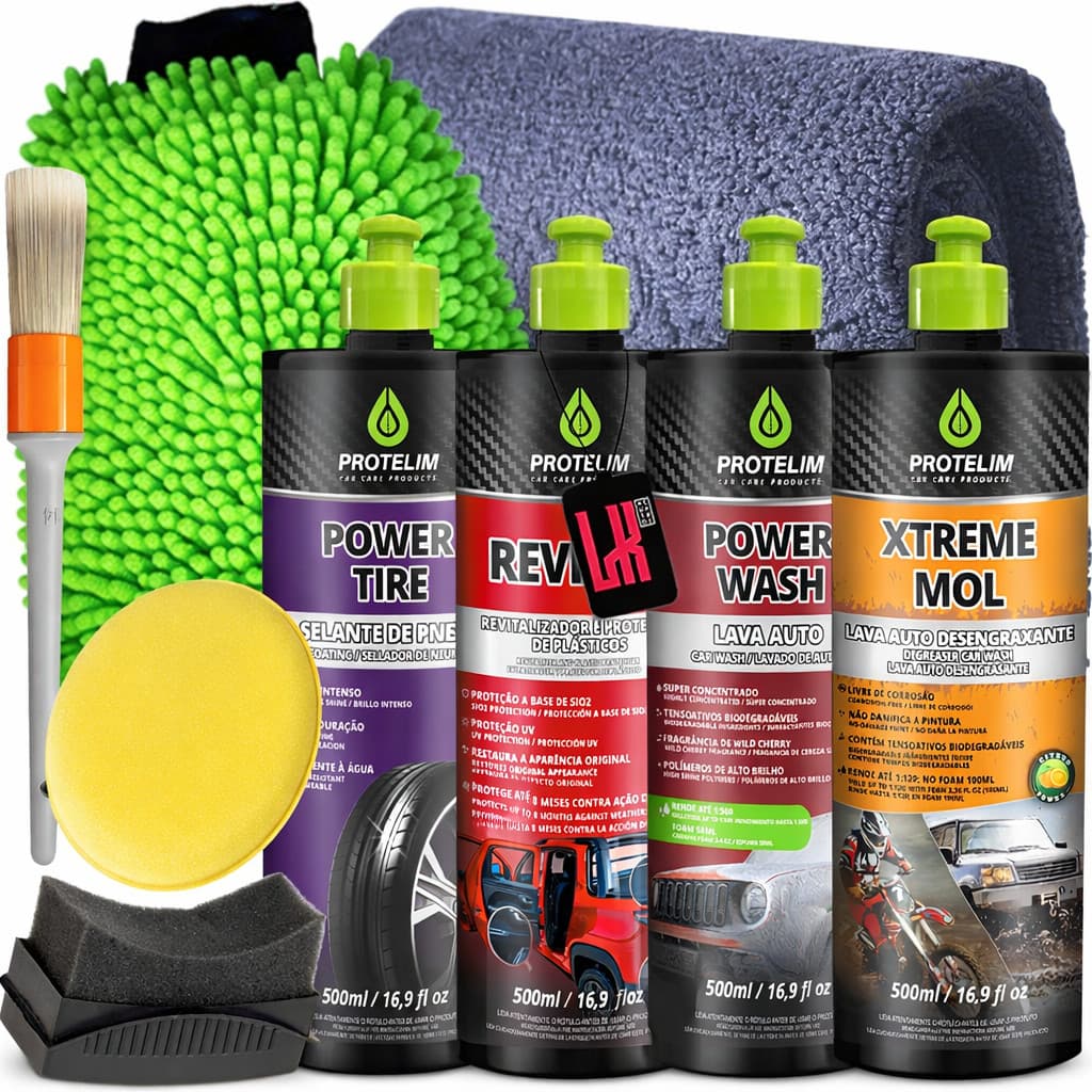 Kit Lavagem Carro Moto Protelim Shampoo Neutro Desengraxante Revitalizador Plastico Pneu Pretinho