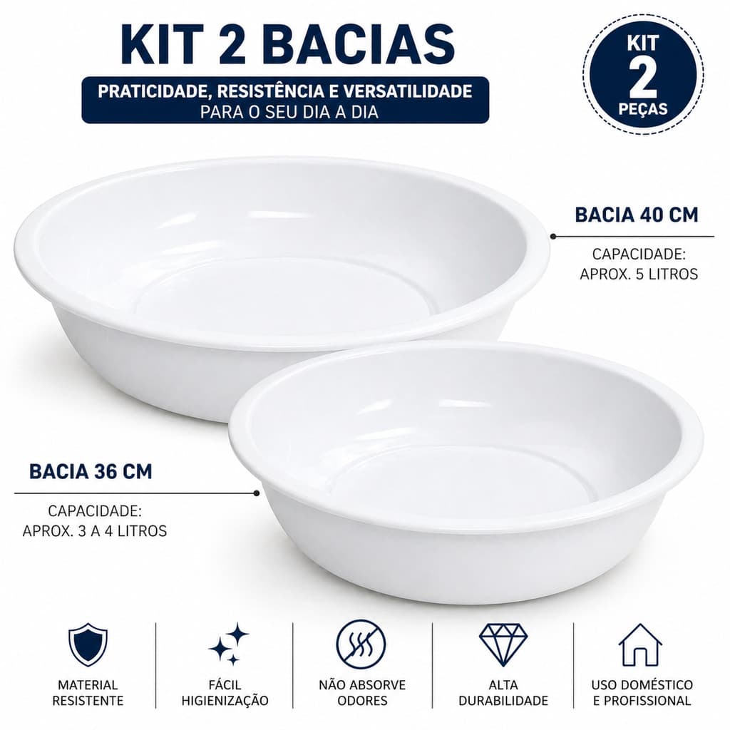Kit 2 Bacias Ágata Esmaltada Branca 40cm e 36cm Resistente Multiuso Cozinha Lavanderia Durável