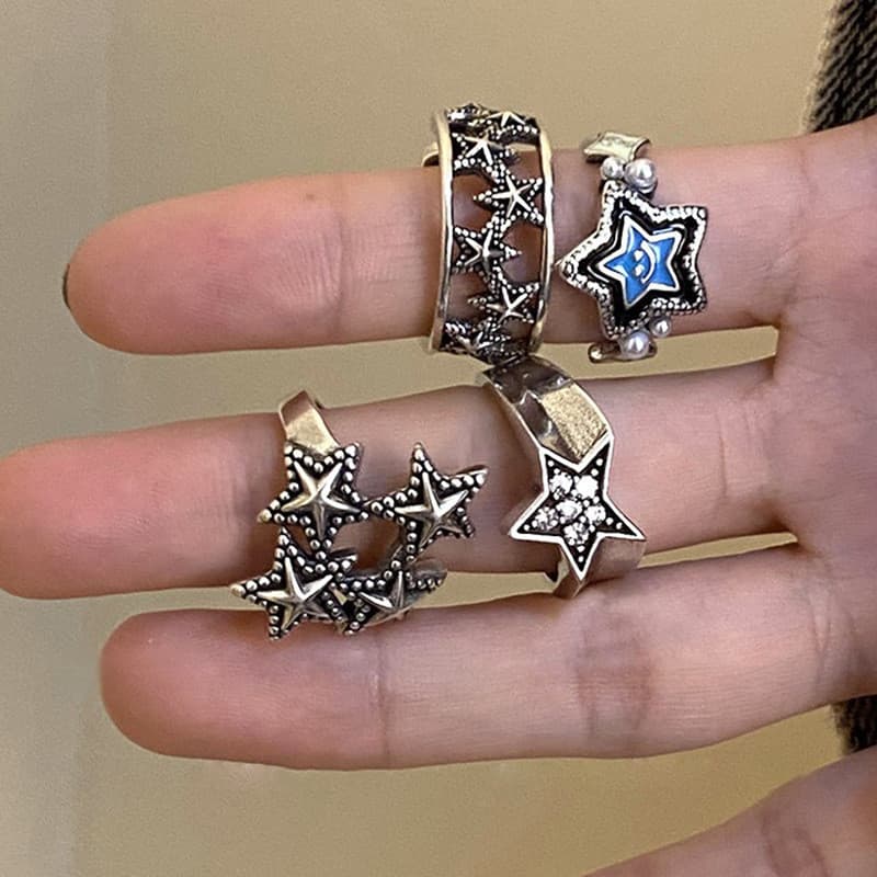 Anel vintage com efeito desgastado e design de estrela para mulheres, anel ajustável para casais, anel aberto, anel de d