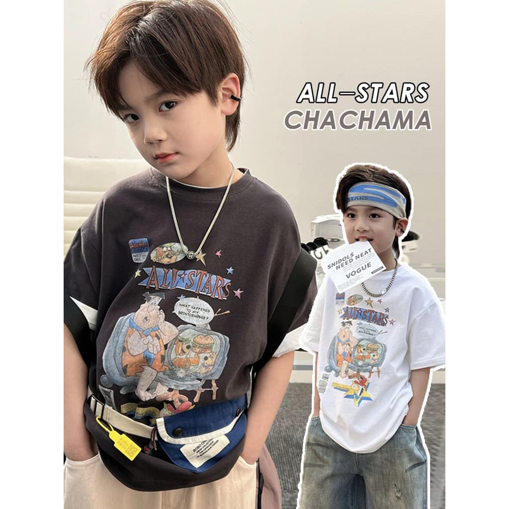 Chá mãe roupas infantis 2025 verão novo estilo meninos puro algodão de manga curta camiseta menino dos desenhos animados