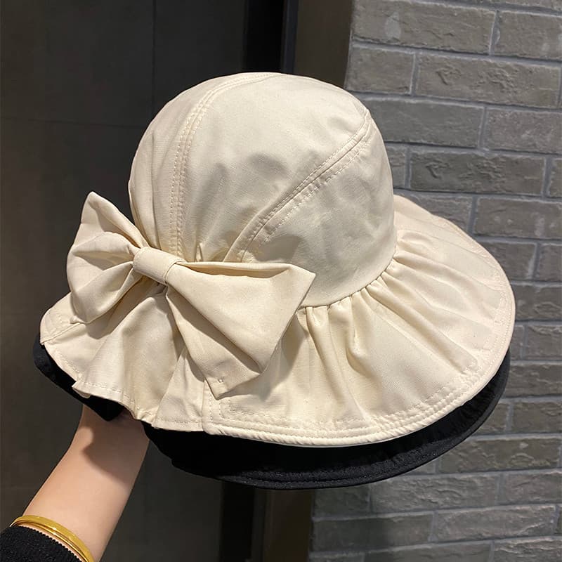 Chapéu feminino 2026 estilo japonês arco balde chapéu verão All-Match chapéu de sol grande borda protetor solar chapéu d