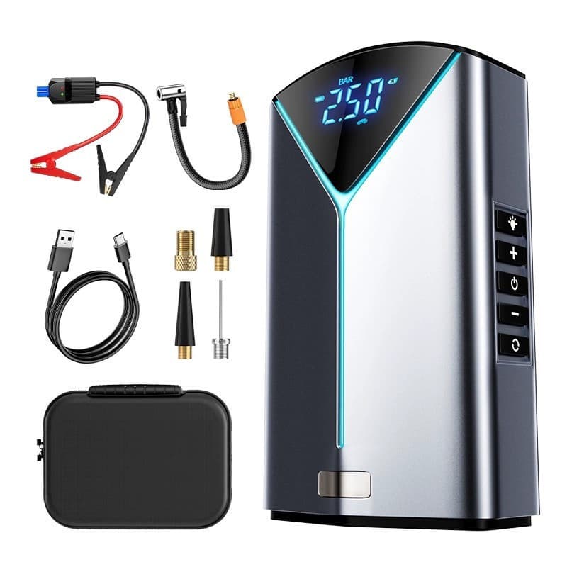 Auxiliar de Partida e Compressor Portátil Veicular para Emergências Compressor Ar Power Bank