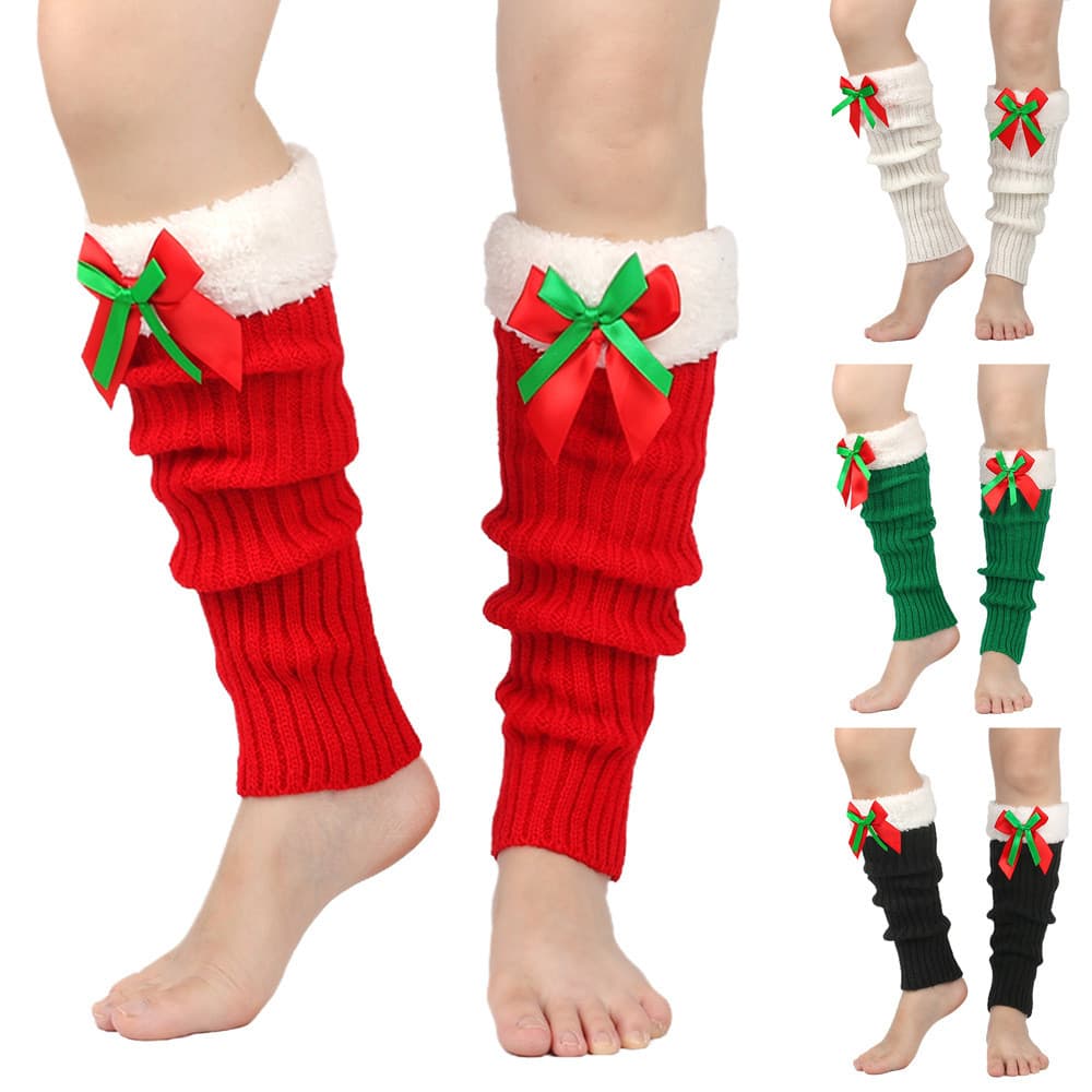 Meias de lã de natal de pelúcia quente malha pilha meias protetores de perna pé mais quente arco nó meias de lã
