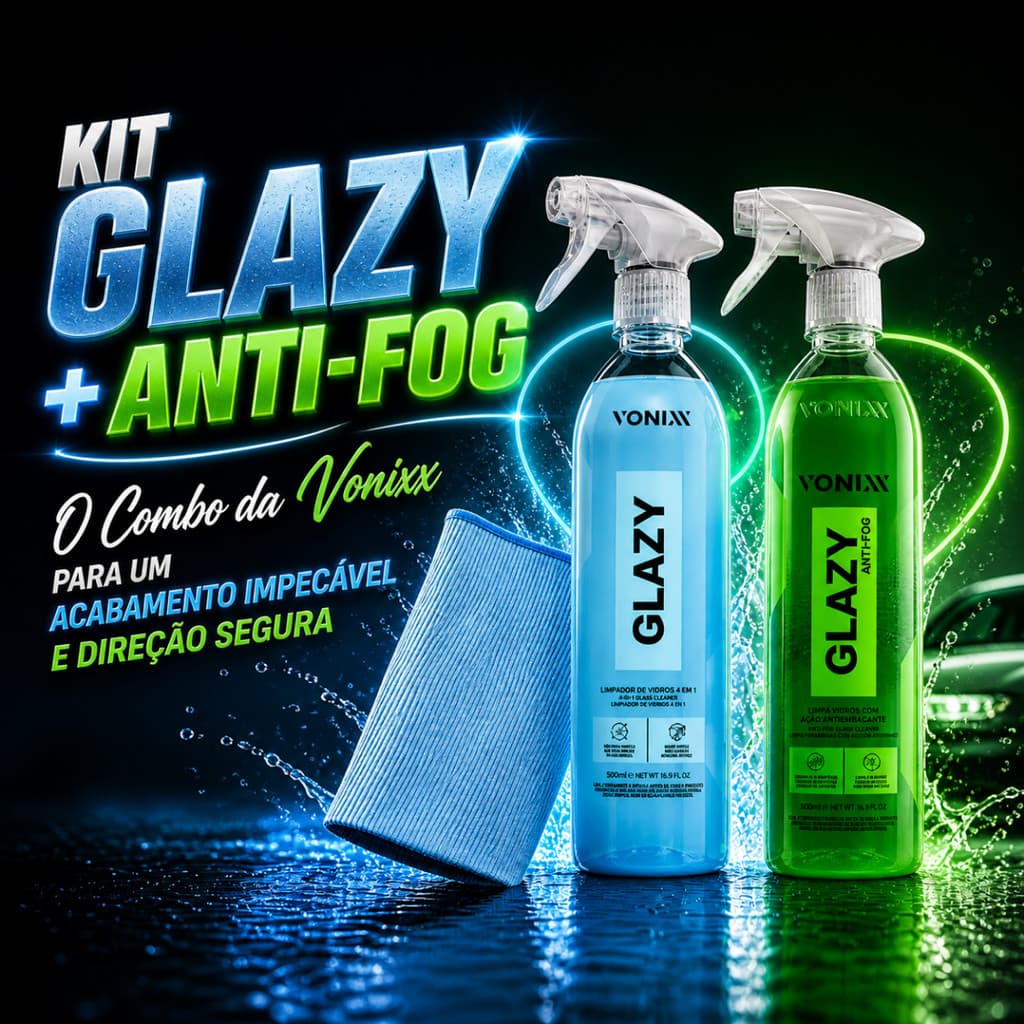 Kit Limpeza de Vidros Vonixx Glazy 500ml + Glazy Anti Fog + Microfibra Para Vidros