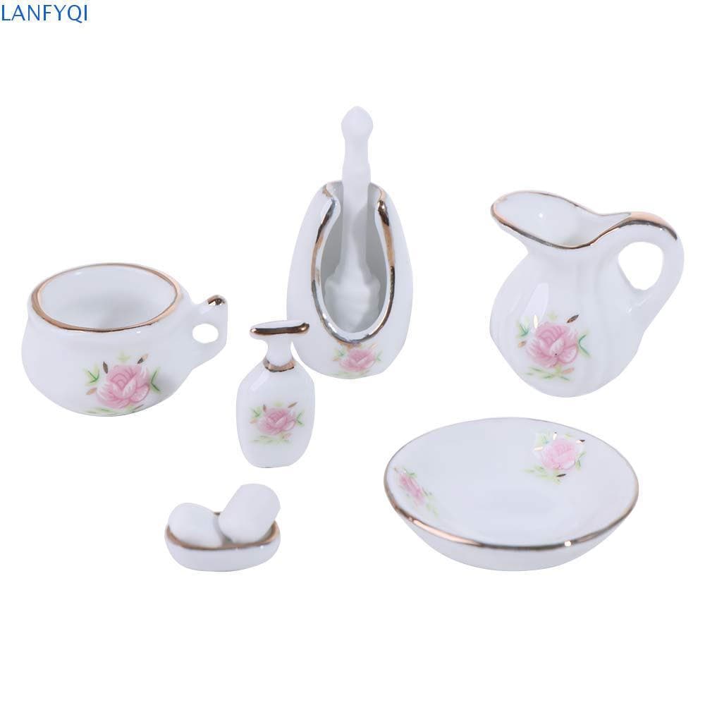 LANFYQI Casa De Bonecas , Porcelana De Banheiro , Micro Cena Floral Rosa , Móveis De Cerâmica Para Estilo Vintage