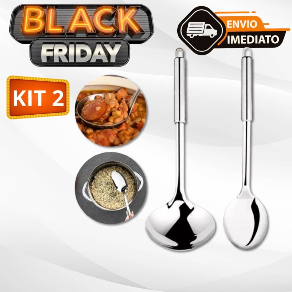 Kit Utensílios Linha PREMIUM de Cozinha 2 Peças 100% Inox Concha Colher de Arroz