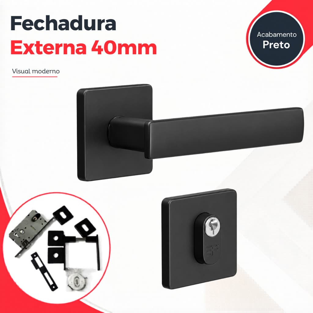 Fechadura Porta Externa Preta 40mm 740e11755pf 3F Com Maçaneta Reta E Rosetas Quadradas