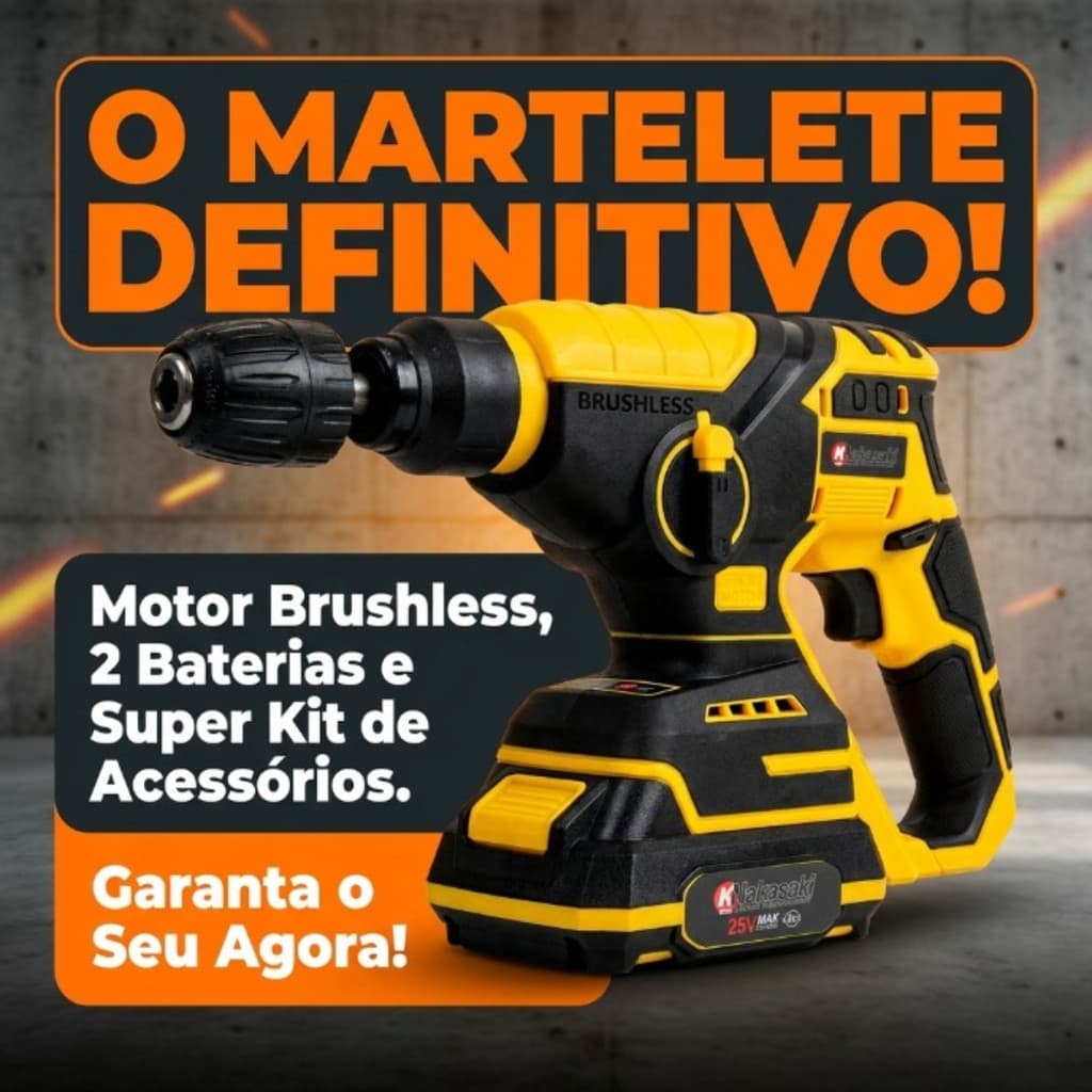 Martelete Rotatório Perfurador Bateria 25V Brushless Com 2 Baterias Maleta e Acessórios Profissional
