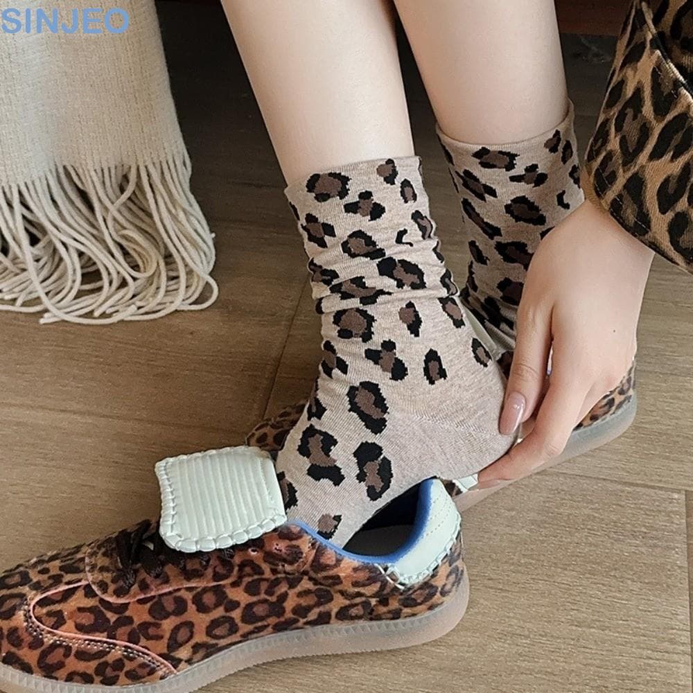 Desce 5 Pares De Meias Com Estampa De Leopardo , Elásticas Estilo Coreano Famale Macias De Cano Médio Absorção De Suor
