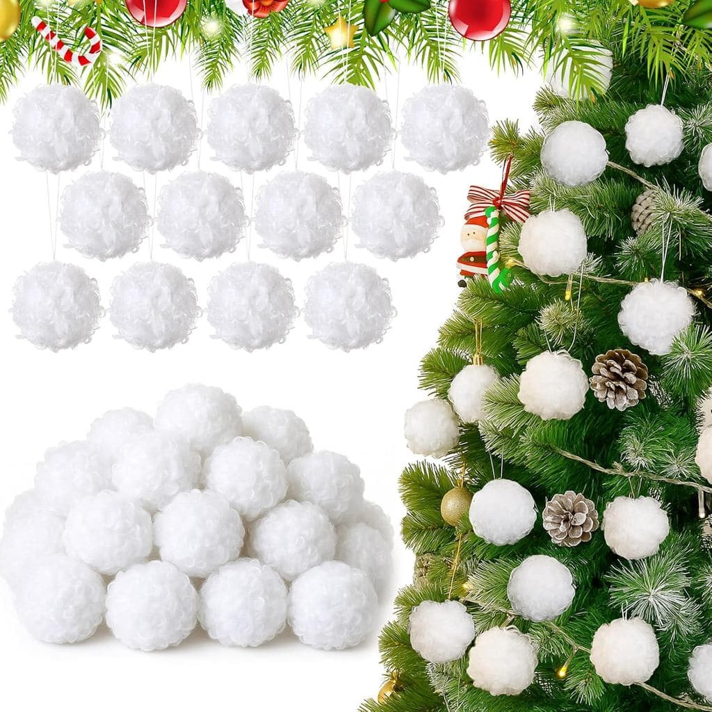 24 Peças de Enfeites de Natal Brancos de Pelo Sintético para Pendurar na Árvore, Bolas de Neve Decorativas de Natal, Pom