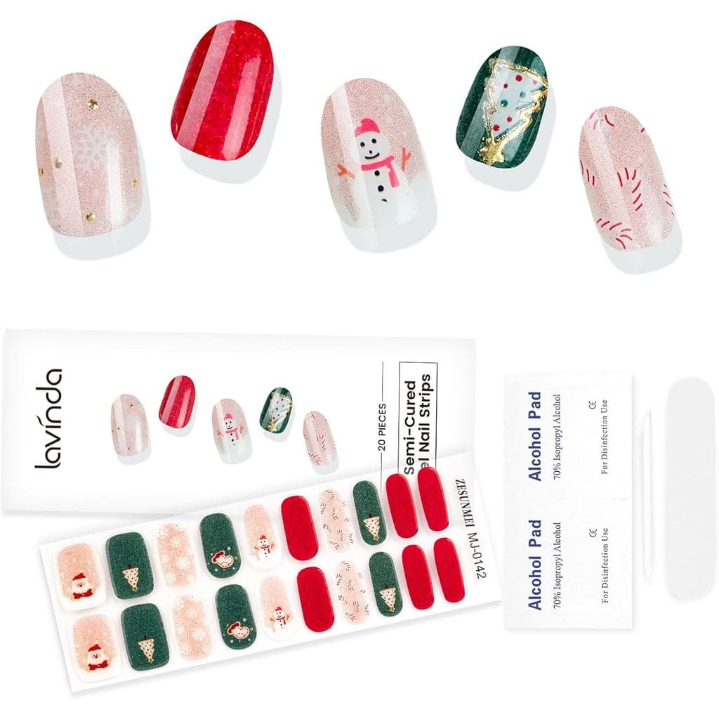Tiras de Gel Semi-Curado para Unhas Lavinda Christmas, 20 Peças com Motivos de Boneco de Neve e Árvore de Natal com Esta