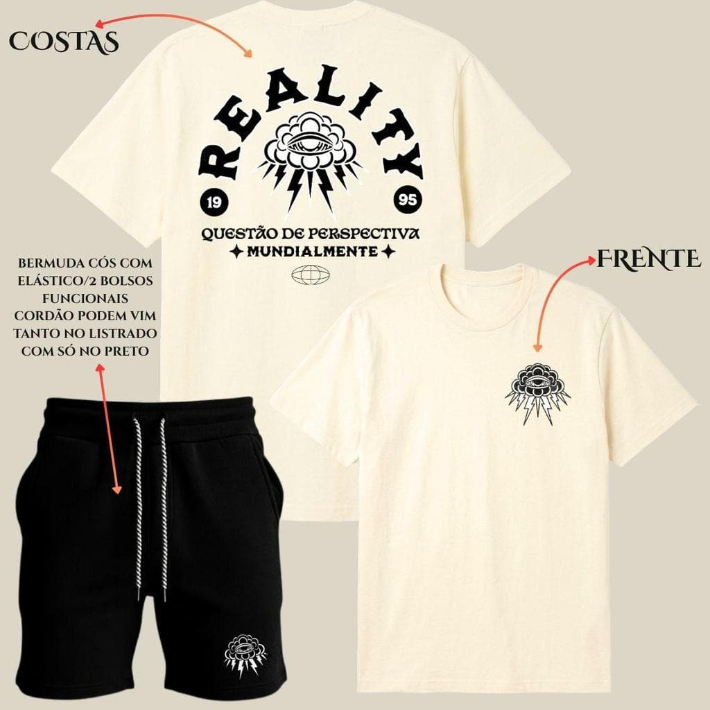 Conjunto Camiseta de Algodão e Bermuda de Moletom Reality Com Frases Nuvem Raio Estampada