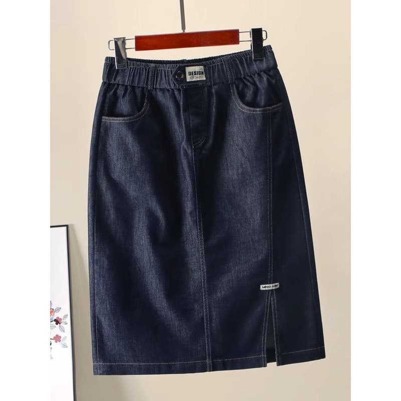 Saia jeans azul feminina estilo de comprimento médio 2025 primavera outono estilo cintura alta solta mais magro olhar Br