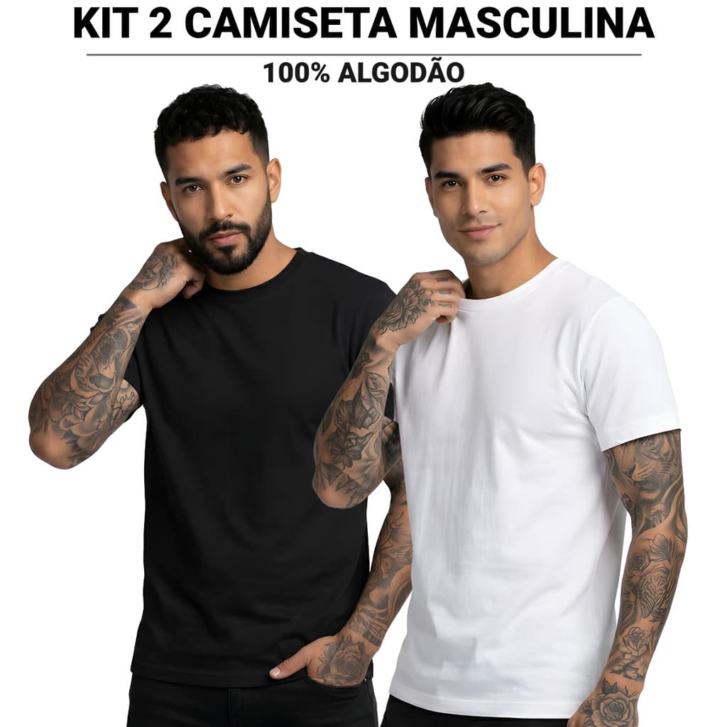 Kit 2 ou 1 Camiseta Masculina Slim 100% Algodão Premium Básica Confortável Academia e Dia a Dia
