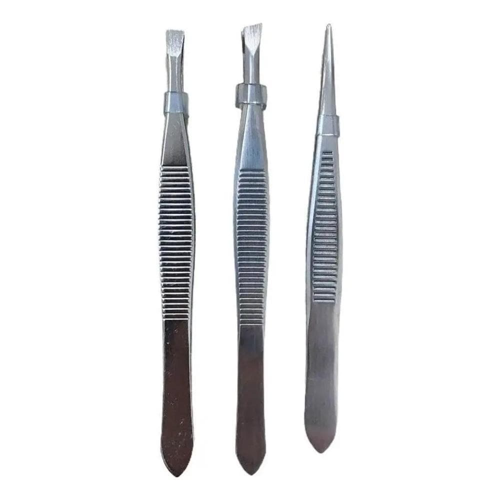 Kit 3 Pinças de 9 cm com Ponta Plana Oblíqua para Depilação e Design de Sobrancelhas