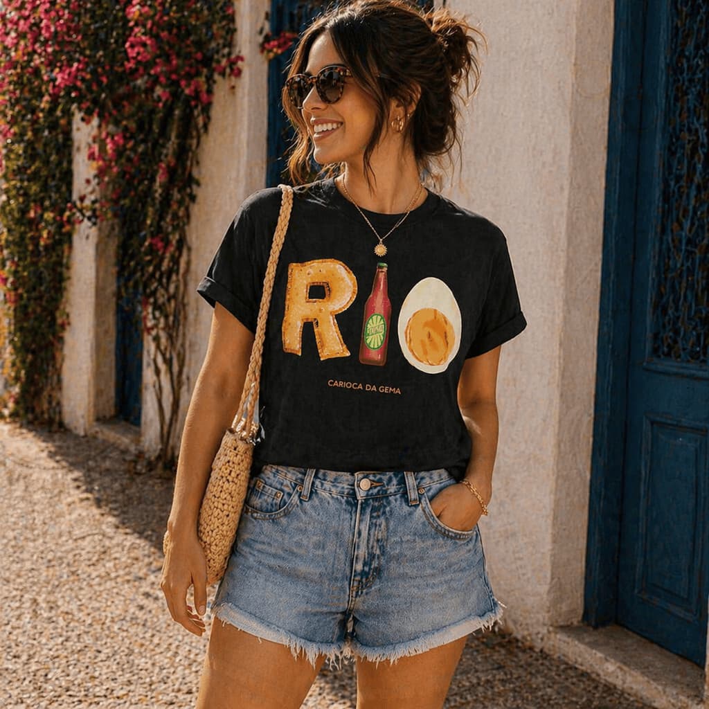 Camiseta Feminina Rio Estampa Criativa Comida Brasileira Aesthetic Casual Algodão Confortável Blusa Estilosa Carioca