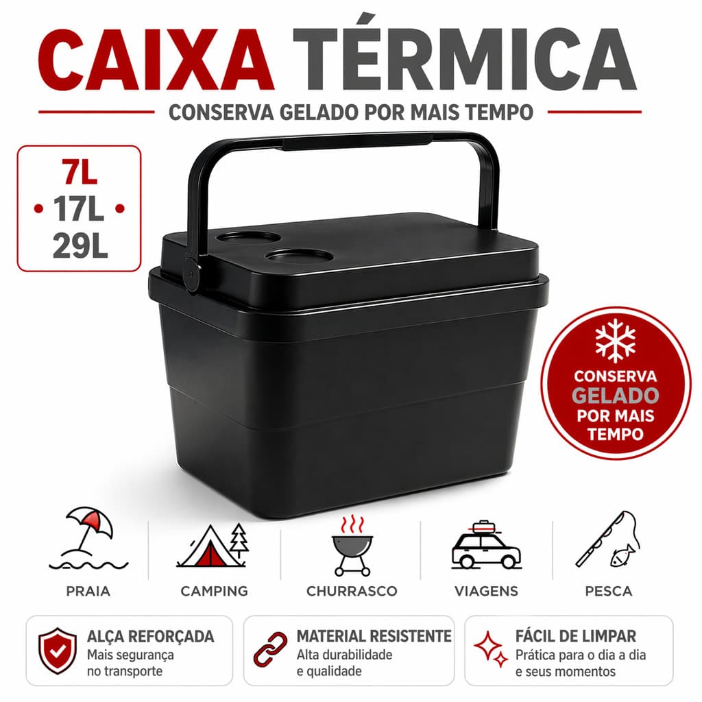 Caixa Térmica Cooler Arqplast 7 17 ou 29 Litros com Alça Preta Praia Churrasco Camping e Pesca