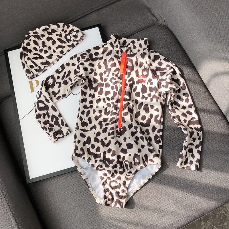 Ins novo estilo maiô infantil meninas uma peça leopardo impressão de manga comprida protetor solar bebê maiô férias pai