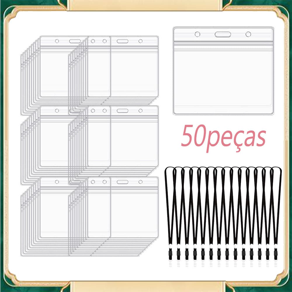 Conjunto de 50 porta-crachás transparentes  Porta-crachás transparentes  Inclui 50 cordões pretos