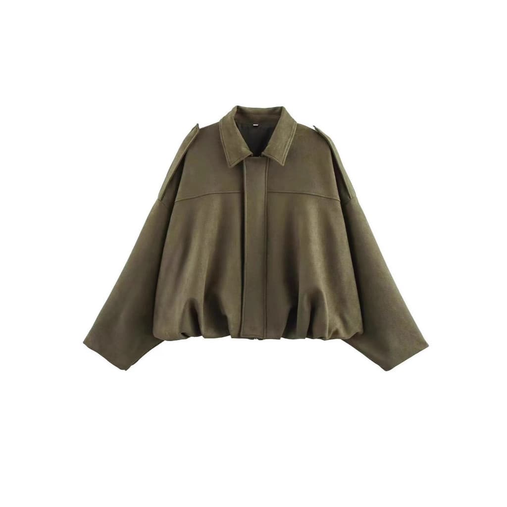 Jaqueta Bomber Feminina de Suede Texturizado com Lapela, Zíper e Botões para Primavera e Outono