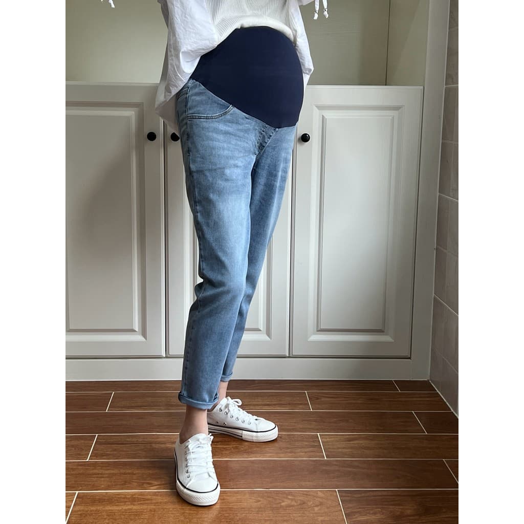 Gravidez cor primavera verão mulheres grávidas jeans sem costura barriga elevador fino macio jeans calças retas soltas Y