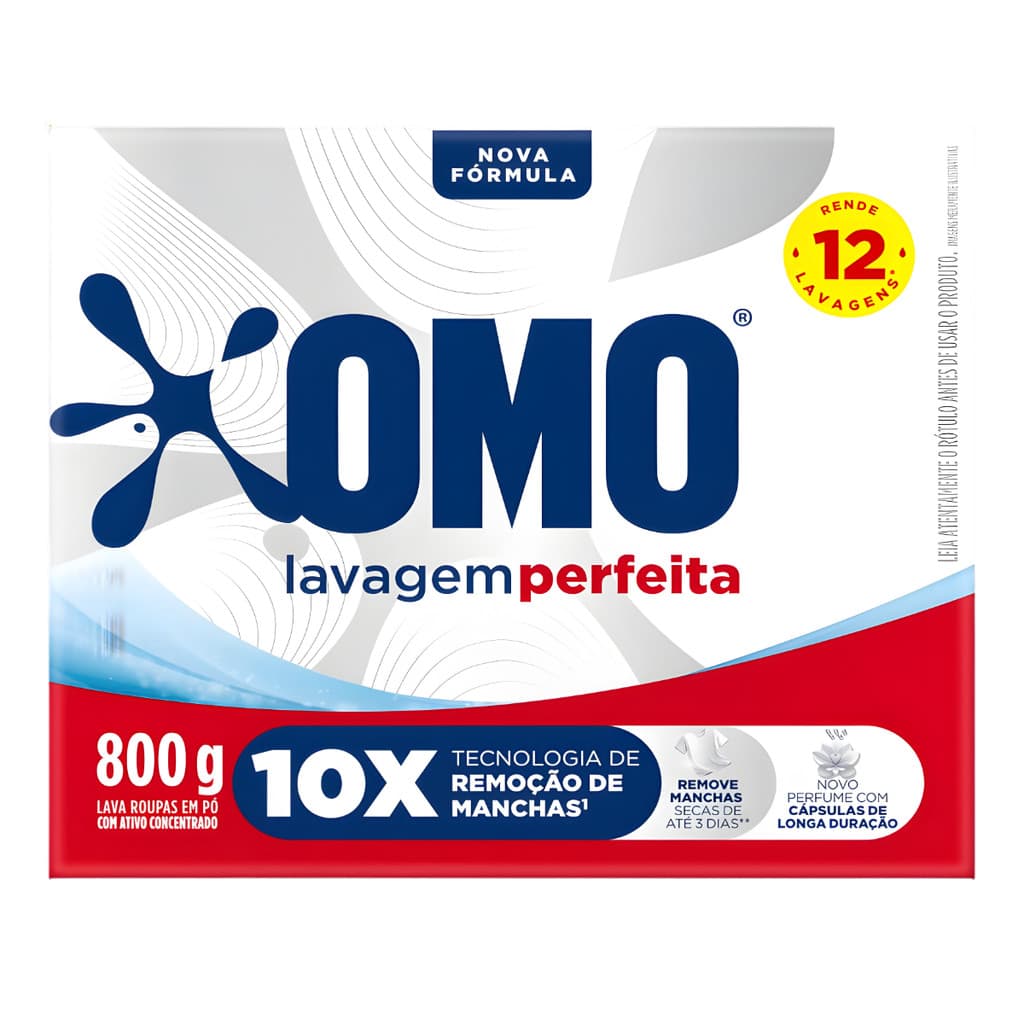 Sabão em Pó OMO 800g Lavagem Perfeita Limpeza Profunda Remove Manchas Perfume Duradouro Roupas Brancas e Coloridas