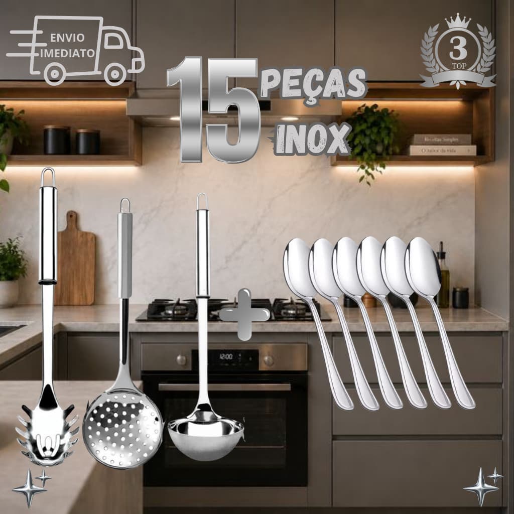 KIT 15 UTENSILIOS DE COZINHA INOX