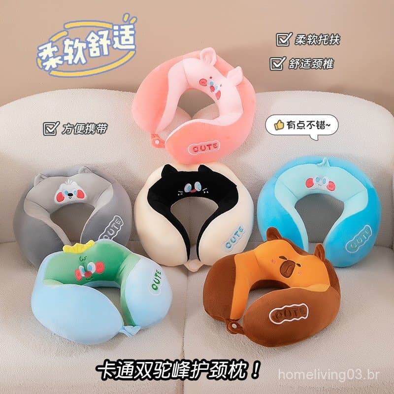Almofada em Forma de U com Blocos de Cores Fofos, Adorável Almofada de Soneca para Escritório com Tema de Capivara, Almo