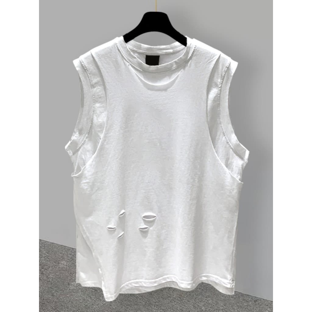 Falso de duas peças rasgado sem mangas camiseta masculina verão versão coreana na moda All-Match bonito estudante Casual