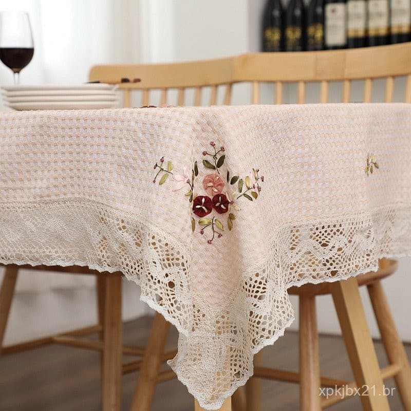 Toalha de Mesa Bordada à Mão com Fita de Seda Bege Flor Clássica Retangular de Algodão Vintage Renda Creme para Cozinha