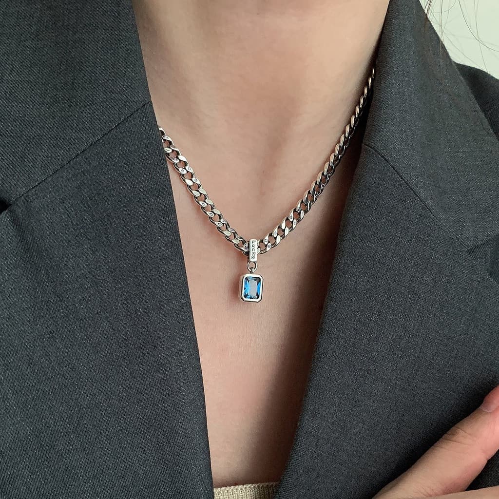 Colar Zircônio Azul Água Fashionable Retro Diamante Conjunto Corrente Grossa