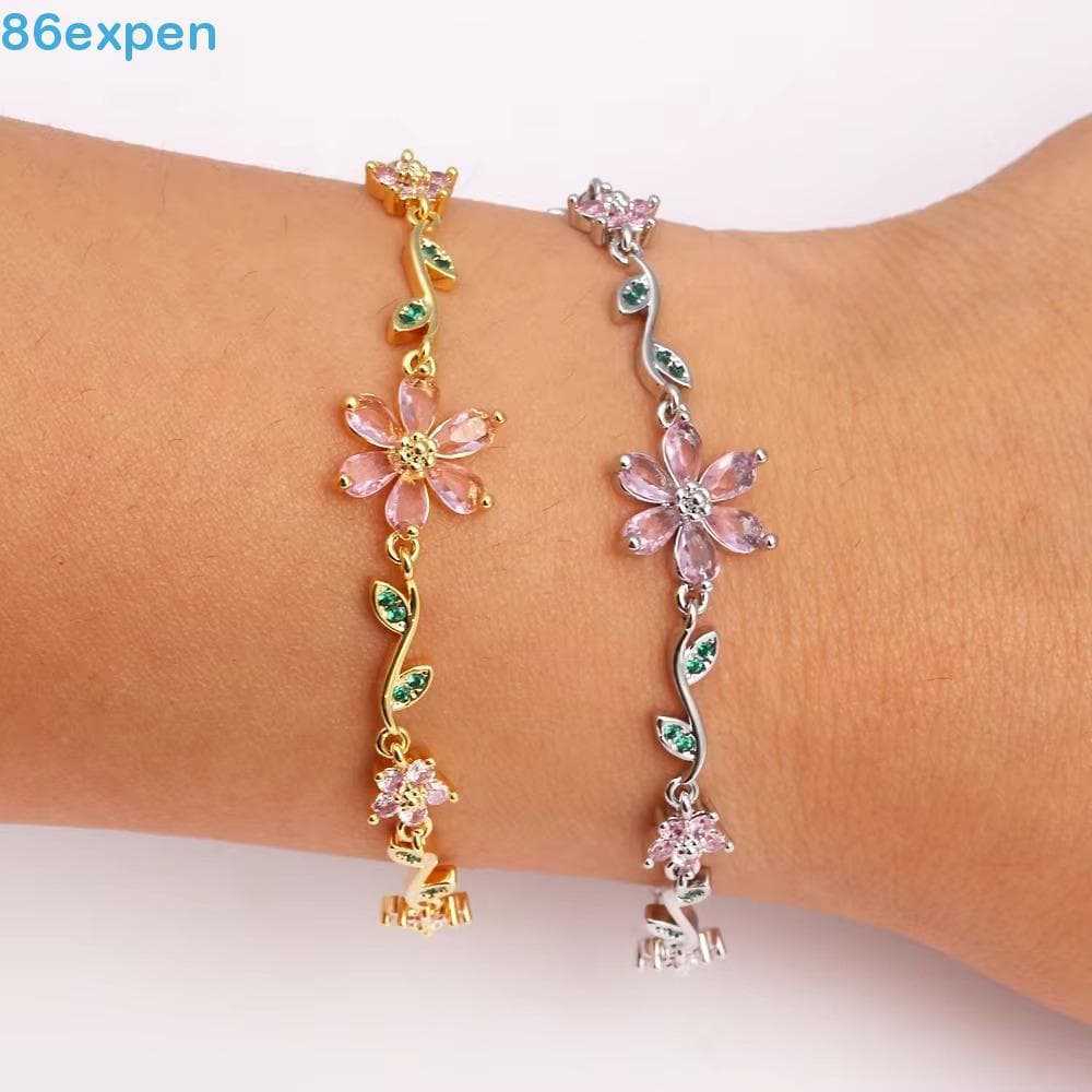 EXPEN1 Pulseira De Flor De Folha Verde , Corrente De Zircônia Cúbica Rosa Fashion De Cristal , Strass Brilhante De Luxo