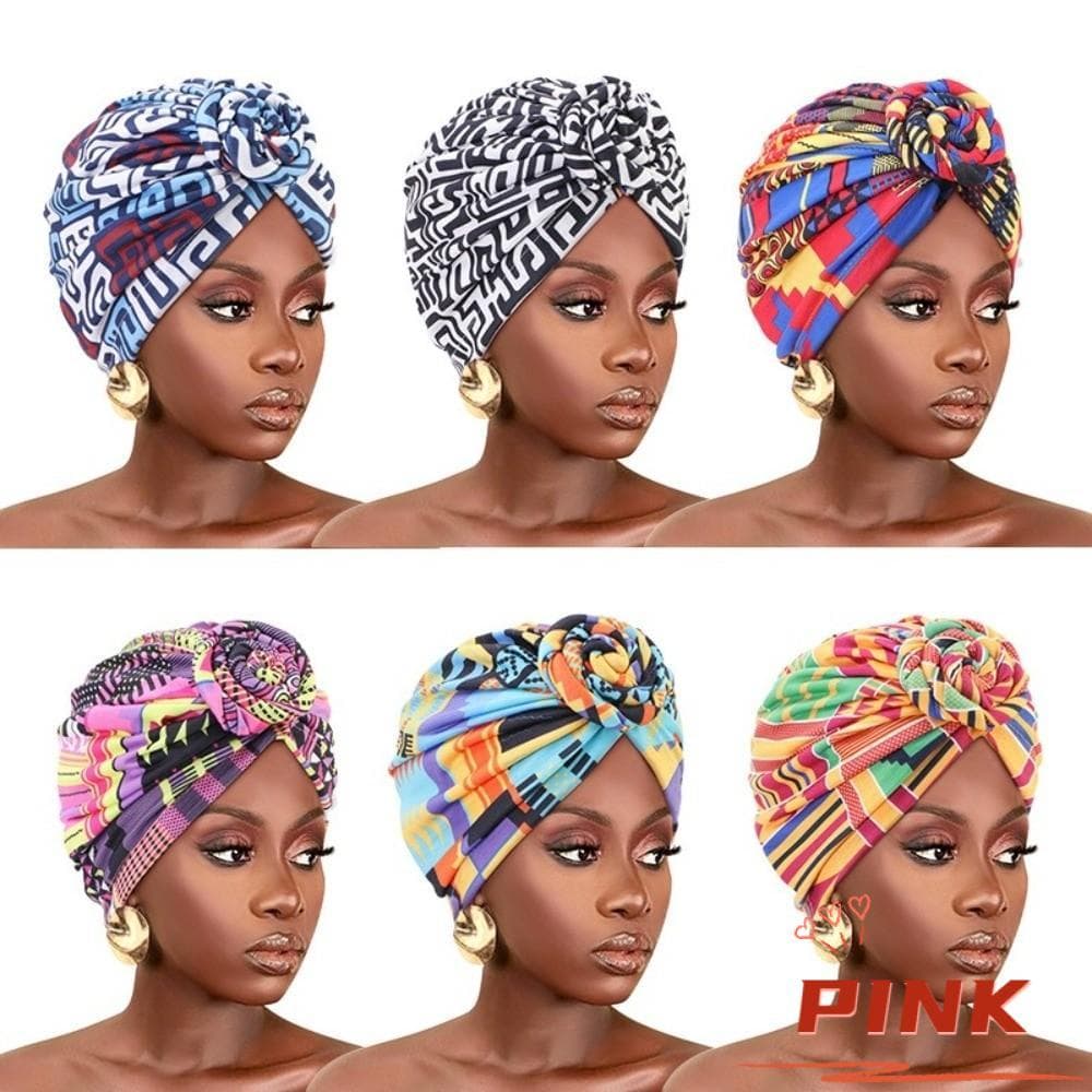 PINK1 Turbante Com Nó Africano , Gorro Elegante Pré Amarrado Frontal , Touca De Quimioterapia Feminina , Bandana