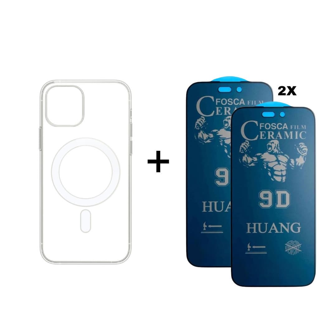 Capa MagSafe + 2X Película Cerâmica Fosca Privacidade iPhone 11 12 13 14 15 16 - CSTech