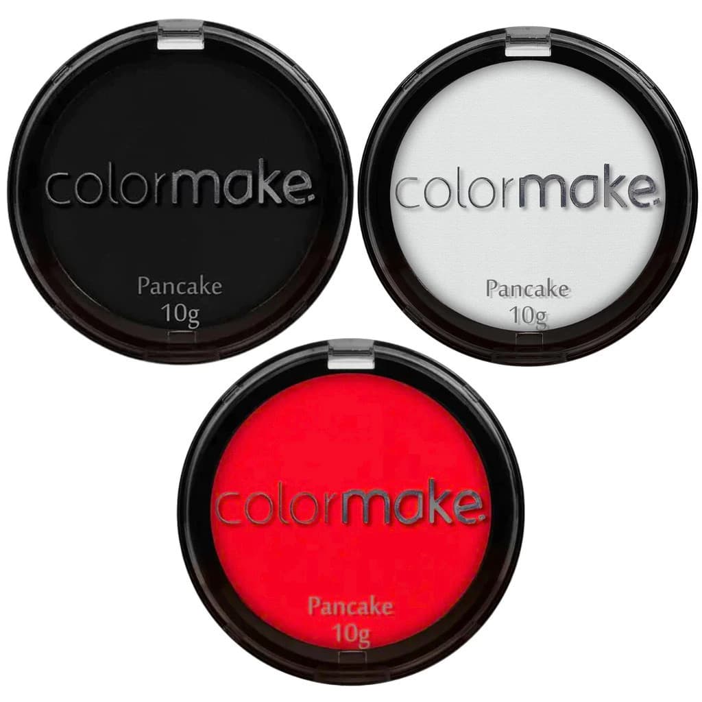 Kit Pancake Colormake - Branco | Vermelho | Preto perfeita para Maquiagem Artística, Halloween, Festa, Fanstasia, Teatro