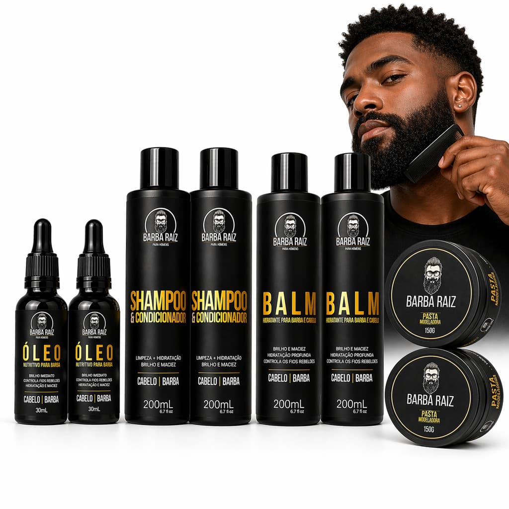 Kit para a barba 2 shampoo + condicionador, 2 balm, 2 óleos e 2 pastas modeladoras, cabelo e barba